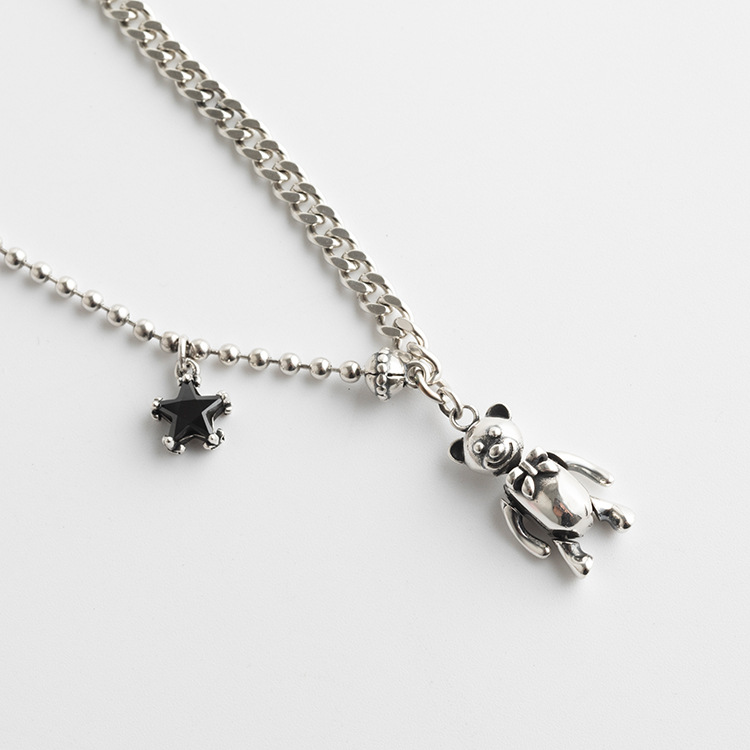 日韓風新款s925純銀項鏈吊墜女生星星小熊銀項鏈個性氣質潮流飾品