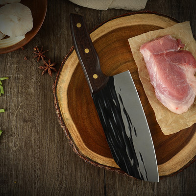 厨房不锈钢木柄切片刀 5铬家用锤纹锻打酒店专用桑刀小菜刀切菜刀|ms