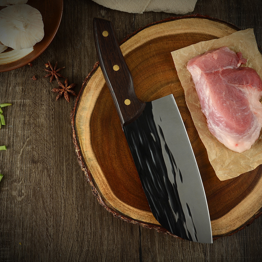 厨房不锈钢木柄切片刀 5铬家用锤纹锻打酒店专用桑刀小菜刀切菜刀|ms