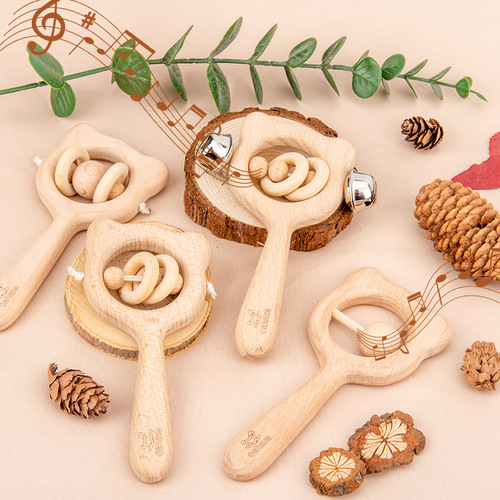 Baby soothing grasping hand wooden rattle baby educational early education cartoon animal shape toy manufacturer wholesale