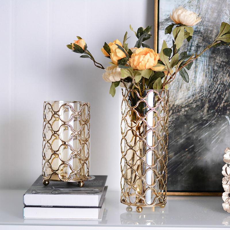 简美家居饰品金属玻璃花瓶台面插花瓶摆件美式轻奢现代客厅装饰品