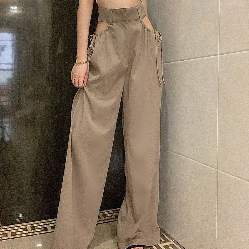 solid color high-waisted drawstring hollow loose pants NSHMS127995