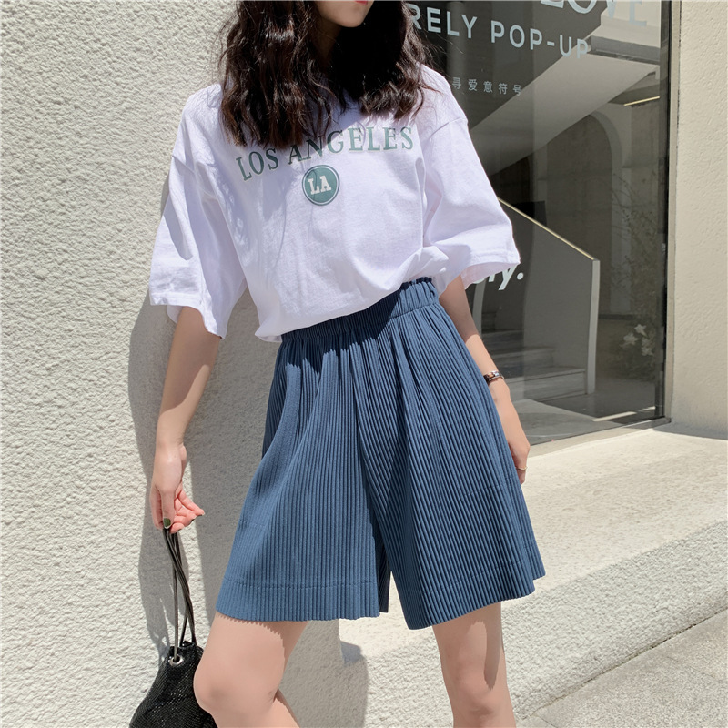 褶皱短裤女2020夏季宽松韩版高腰垂感休闲百搭阔腿五分中裤薄款潮|ms