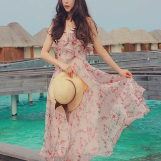 波西米亚风碎花吊带雪纺碎花印花连衣裙中长款灰色粉色长短款
