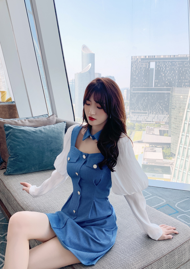 Đầm cổ búp bê tay phồng dáng suông — Màu xanh lam chi tiết 12