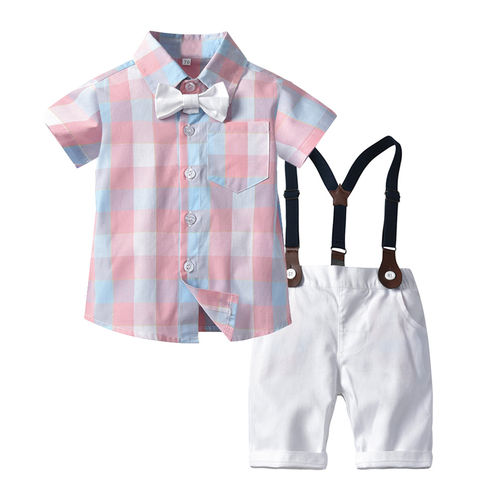 Summer Kidsren's Clothing Plaid Bow Short-Sleeved Shirt Boy's Suspender Shorts Two-Piece Set Kidsren's Baby Suit