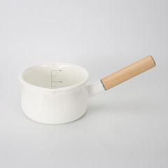 Japanese-style enameled pot for baby food, 15cm, single-hand ramen milk pot, soup pot with wooden handle, 1L gas milk pot