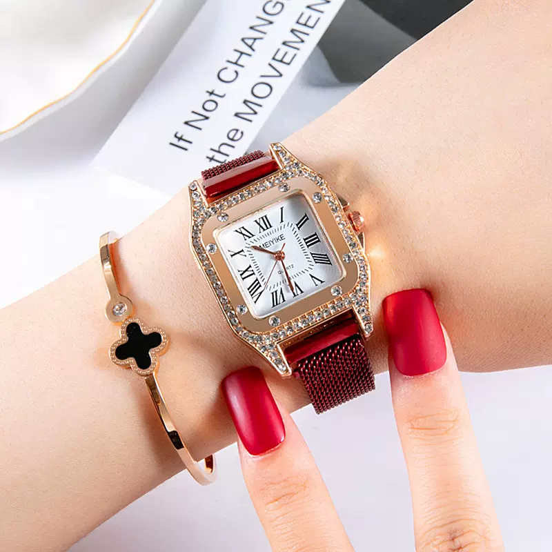 跨境新款手表方形吸铁石手表女士直播热卖镶钻复古小方表女表批发