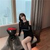 Color matching pleated drawstring slim wrap hip skirt with bottom skirt long sleeve dress