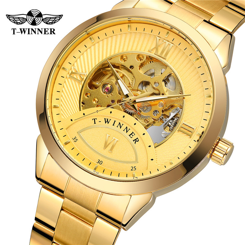 Winner8183 reloj mecánico automático para hombres reloj mecánico de negocios correa de acero reloj mecánico de fondo transparente hueco