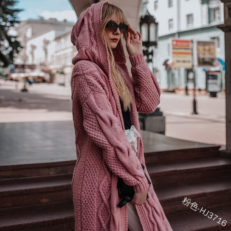 Cross-border wish foreign trade new European and American autumn and winter hot solid color hooded long cardigan sweater twist sweater women