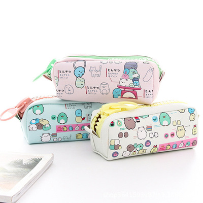 lovely Cartoon Corner Large zipper Pencil bag PU waterproof Junior school student High-capacity Stationery bags