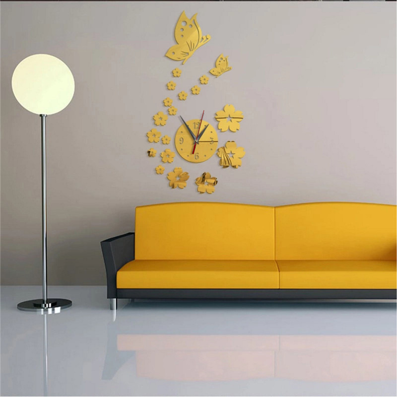 Creative 3d Crystal Mirror Butterfly Flower Wall Clock Decor_voghion.com