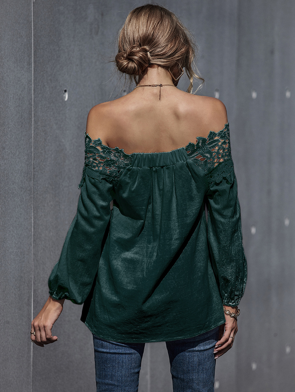 autumn and winter new women s lace stitching sexy one-shoulder puff sleeve blouse NSDF339