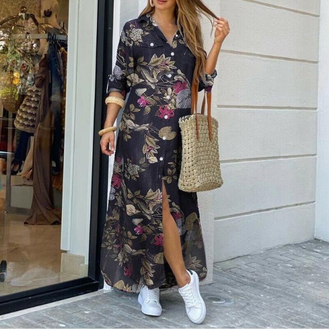 Irregular Skirt Casual Shirt Collar Printing Floral Maxi Long Dress display picture 5