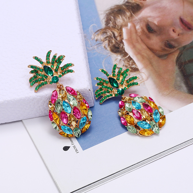 Fashion Creative Fruit Pineapple Inlaid Colorful Diamond  Earrings Wholesale display picture 3