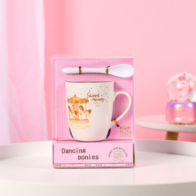 ins originality Cartoon Pink merry-go-round Ceramic cup student gift birthday gift coffee Milk Cup
