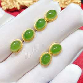 999足金和田玉耳钉简约黄金耳钉碧玉菠菜绿素黄金耳钩女蛋面耳钉