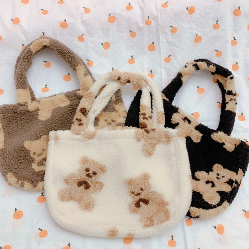 Korean ins Vintage Bear Plush Autumn and Winter Handbag Cute All-match Shoulder Bag Lamb Wool Bag Women's Bag