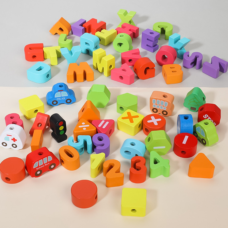 Venta caliente juguetes de madera educativos partículas grandes kindergarten enhebrado con cuentas niños educación temprana enhebrado cuerda bloques de construcción interactivos
