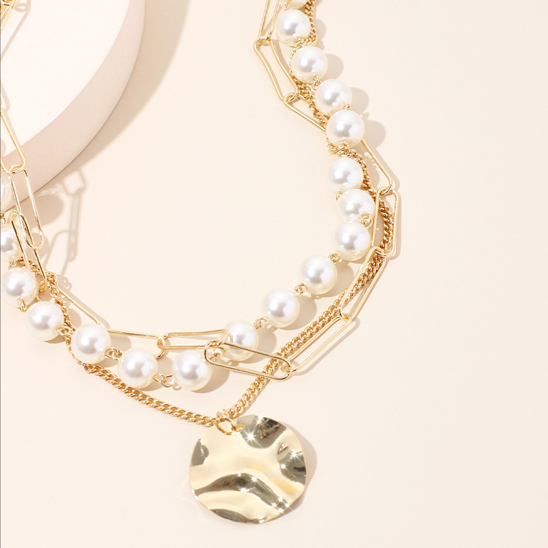 38g Weight Necklace Classification Wedding, Travel Occasion Women'S Gender Fashion Style Gold Color Fashion Multi-layer Pearl Disc Necklace Simple Fashion Short Clavicle Necklace 3