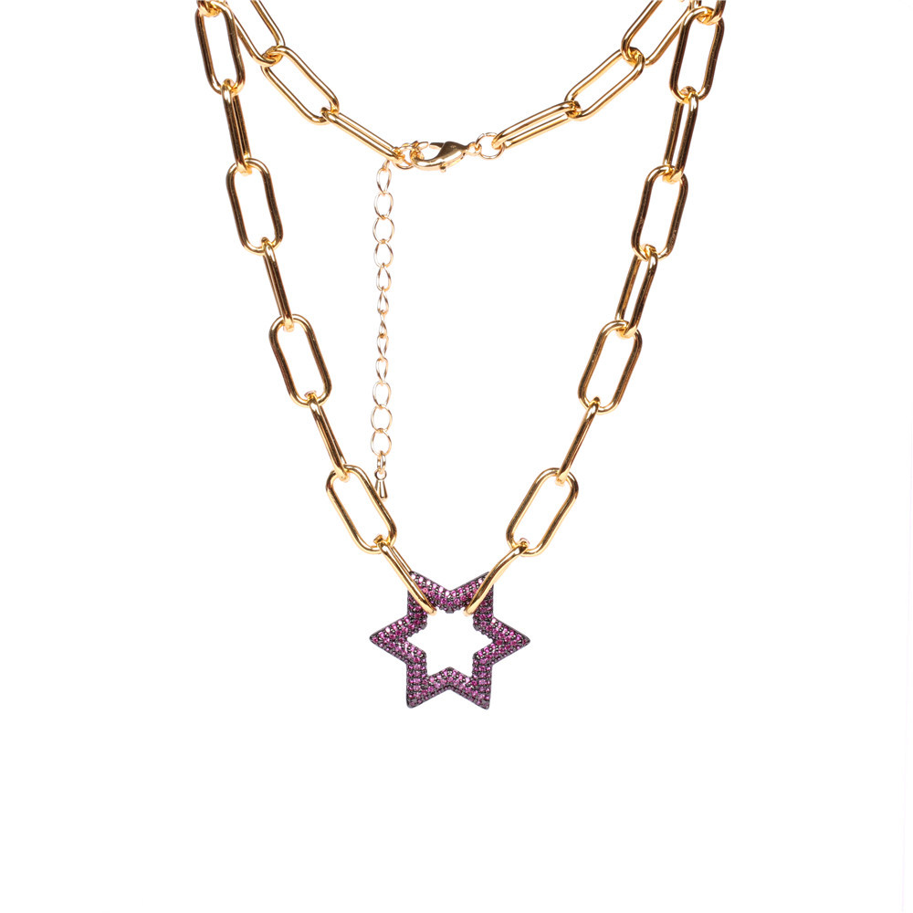 Hot Sale New Hip-hop Style Full Diamond Hexagonal Star Pendant Lock Thick Necklace display picture 1