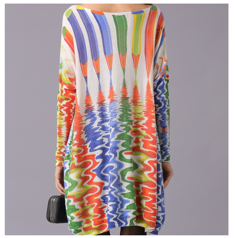 Autumn Winter Sweaters Loose Idle Pencil Print Pullover Mid Length Knitwear Women