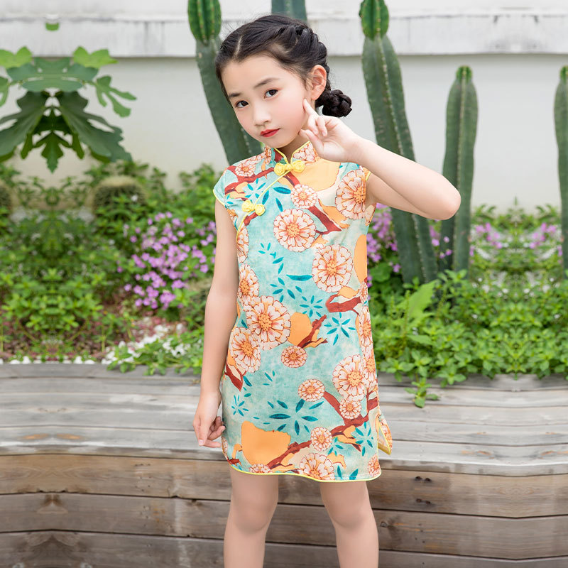 2020 Summer Children's Cheongsam Tang Suit, Chinese Style Girls' Short-Sleeved Dress, Printed Chiffon Chinese Style Dress