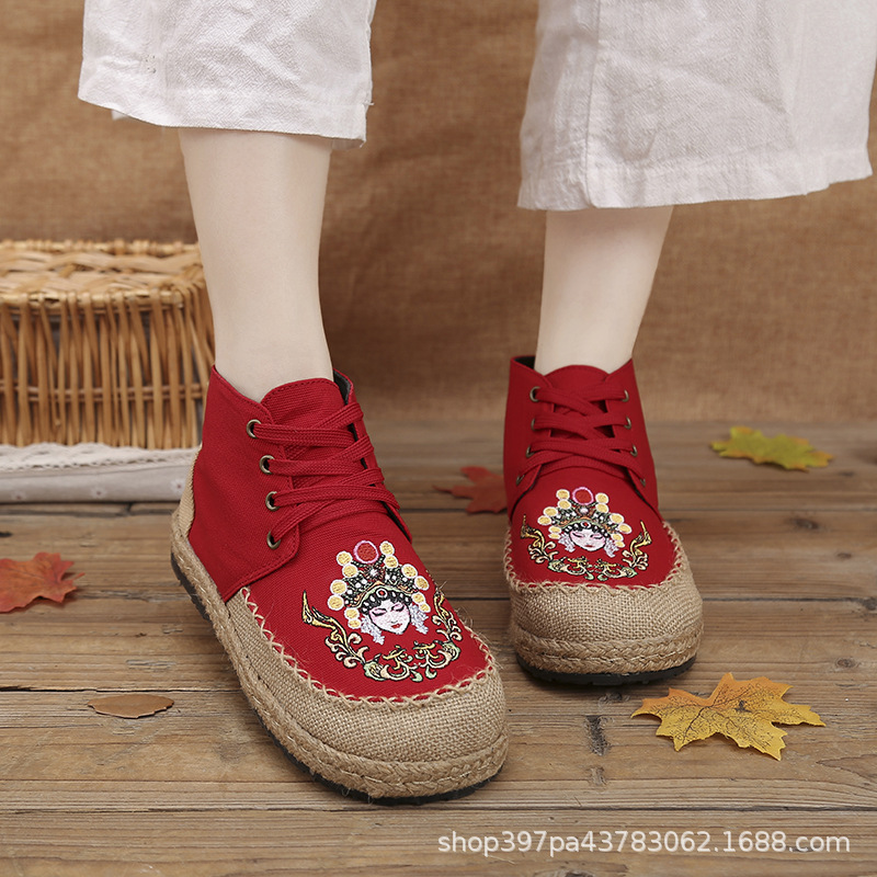 民族风老北京布鞋女 脸谱刺绣棉麻布鞋 穆桂英挂帅平跟防滑绣花鞋