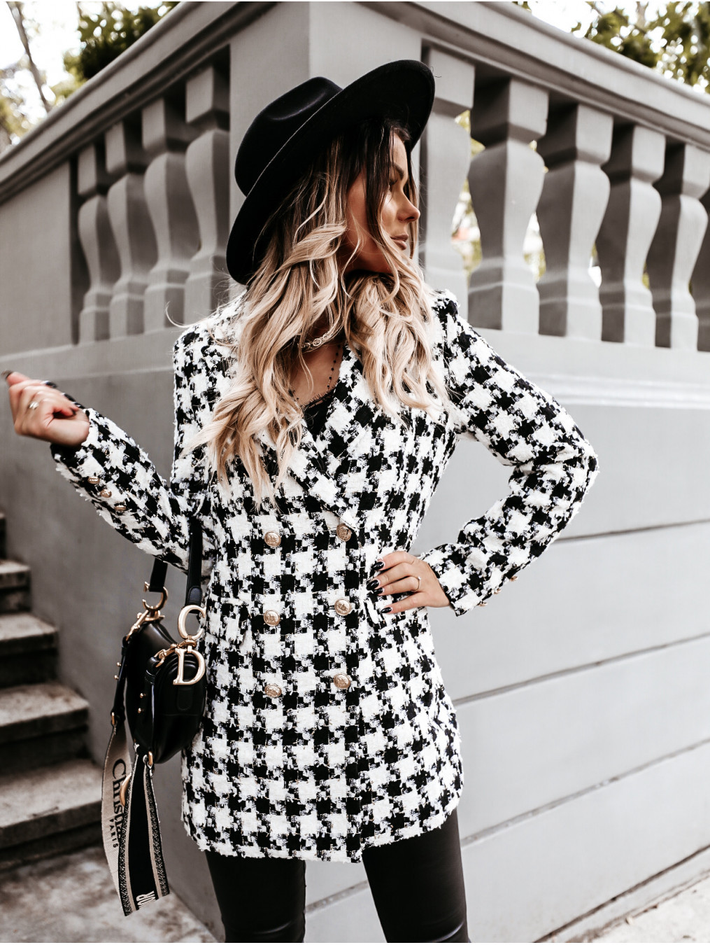 Women's Streetwear Houndstooth Plaid Printing Patchwork Single Breasted Woolen Coat display picture 1