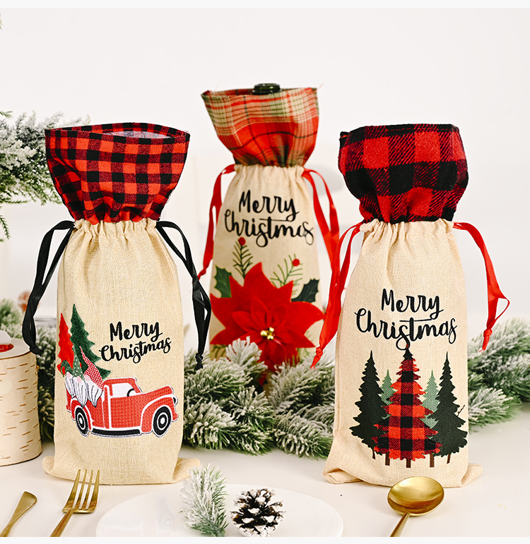 Christmas Linen Wine Bottle Cover Red Flower Wine Cover Lattice Car Wine Bottle Bag display picture 8