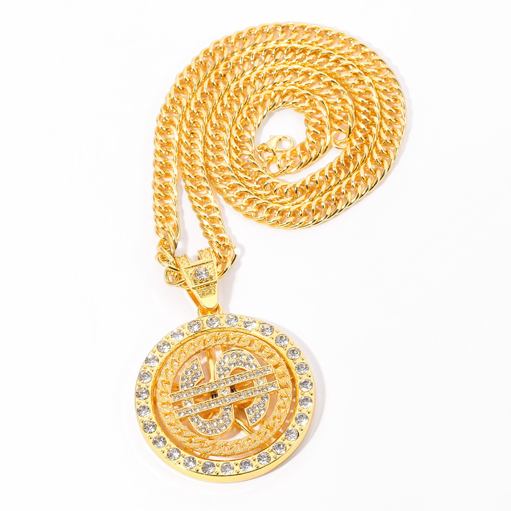 Hot selling US dollar necklace hip hop personality trend necklace, diamond studded US dollar rotating pendant necklace_voghion.com