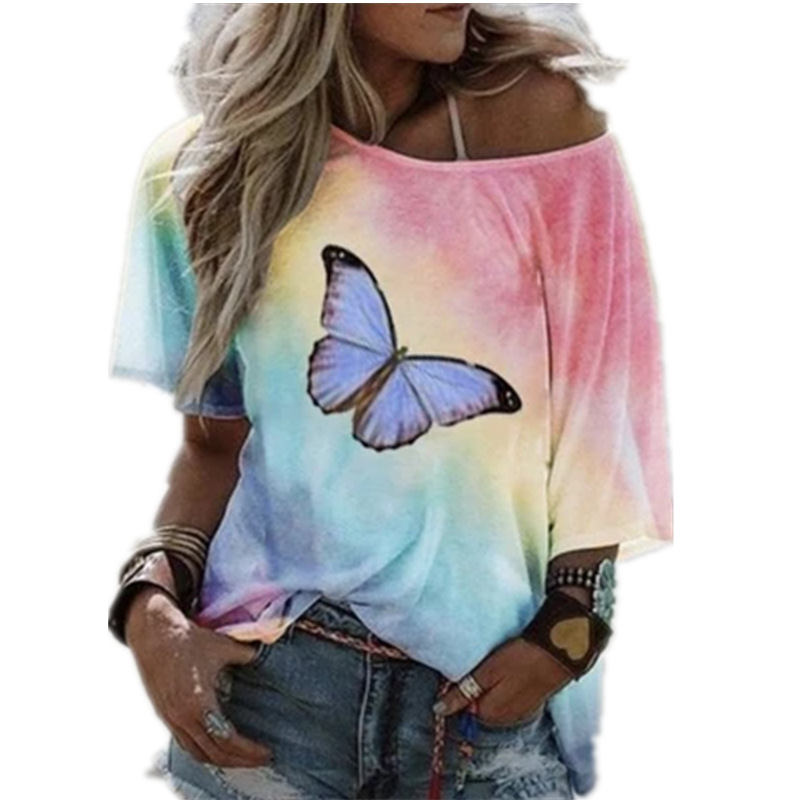 Summer European And American Tie Dye Gradient Printed Butterfly Loose T-shirt Women's Top