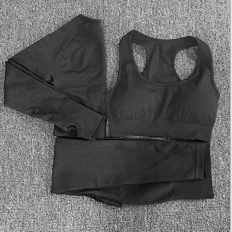 点点长袖瑜珈服套装三件套亚马逊秋冬运动文胸无缝运动裤瑜伽服女