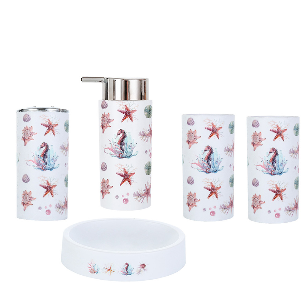 Baño de 5 piezas de cepillo de dientes taza de cepillo de dientes soporte de cepillo de dientes botella de desinfectante para manos de limpieza para el hogar de baño de limpieza impresión de 5 piezas