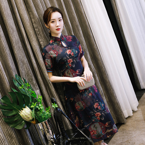 Chinese Dresses Qipao for women robe chinoise cheongsam Cheongsam hemp printed cheongsam long cheongsam dress