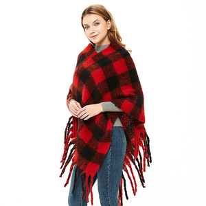 Lady red and Black Plaid cape with seasonal loop yarn tassel