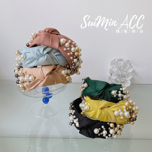 Internet celebrity solid color fabric knotted headband, retro forest girl style large and small pearl hair bundle, simple bow wide-brimmed headband