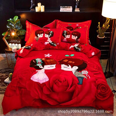 大版全棉印花大红床单式四件套全棉活性婚庆床上套件用品批发