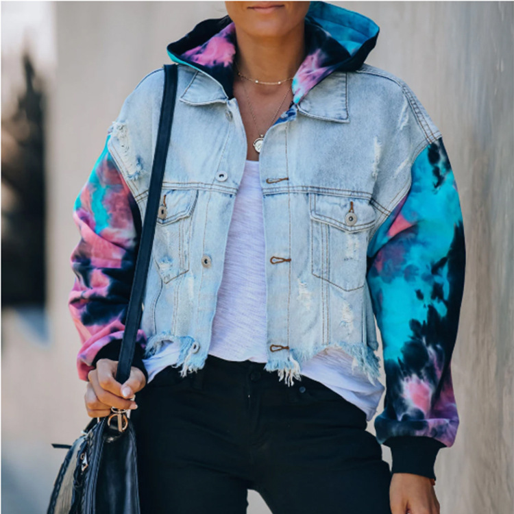 European And Beautiful Denim Jacket Color Matching Tie-Dye Ripped Fringed Jacket