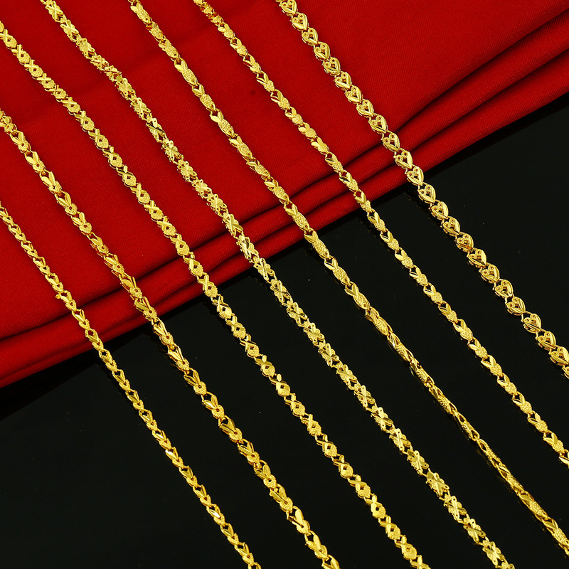 Brass Inverted Mold Necklace for Women, Vietnamese Sand Gold Small Fish Lucky Four-Leaf Clover Plated with 24K Real Gold, Lucky Jewelry