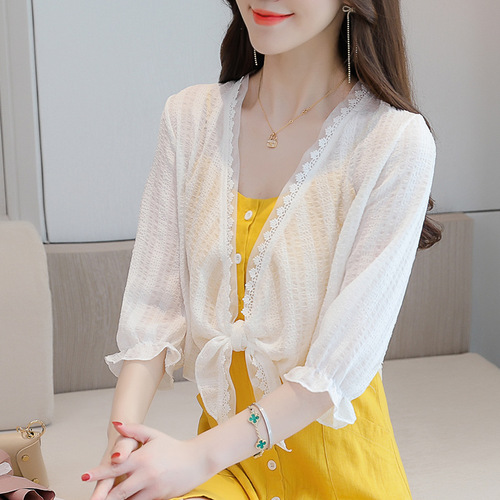 Summer thin outer shawl women's three-quarter sleeve jacket with suspender skirt chiffon top cardigan fairy sun protection clothing