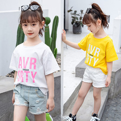 Girls' Short Sleeve T-Shirt 2024 New Summer Outfit for Toddlers and Kids, Casual Pullover Knit Cotton Shirt Top Trendy