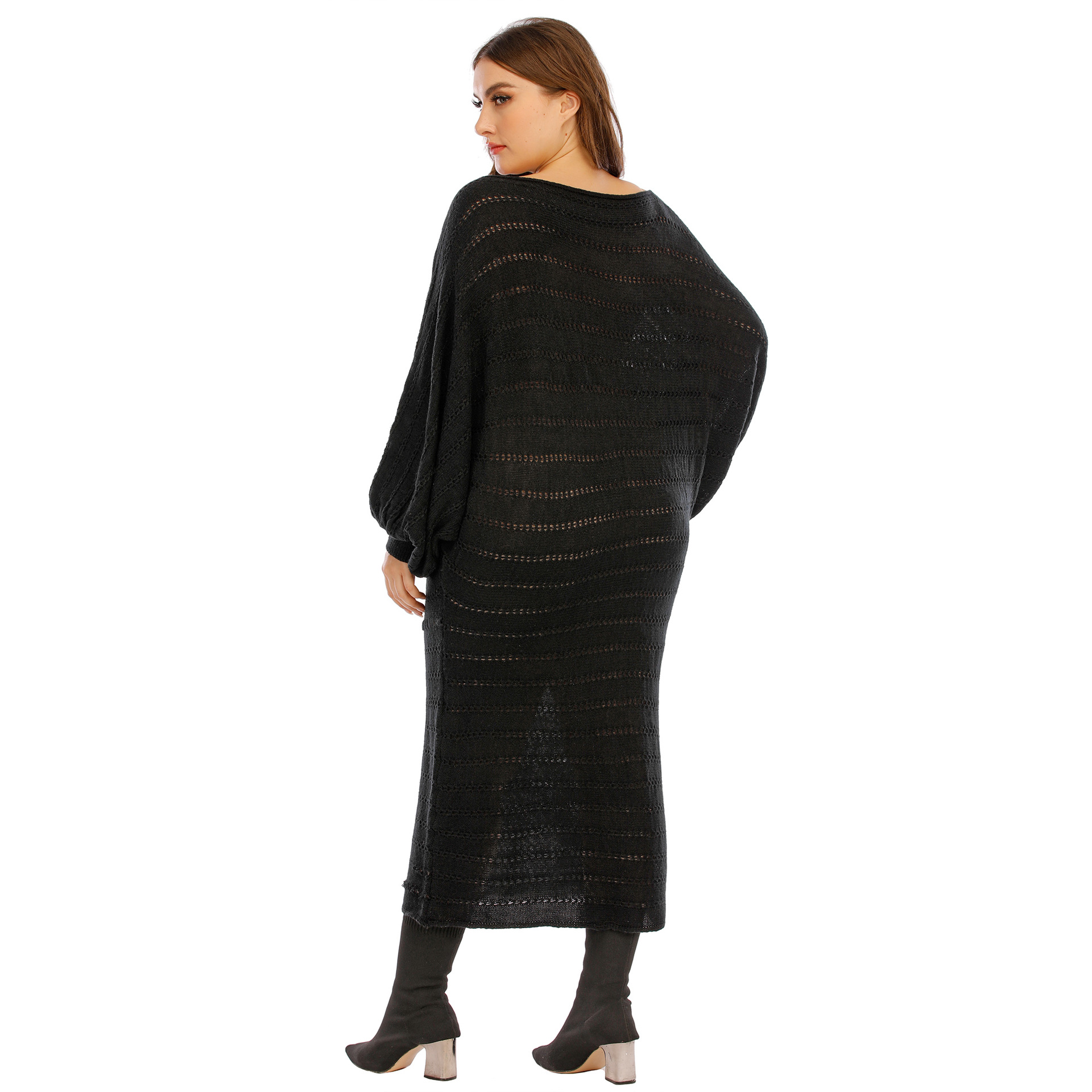 Plus size hollow knit lantern sleeves mid-length dress  NSOY26820