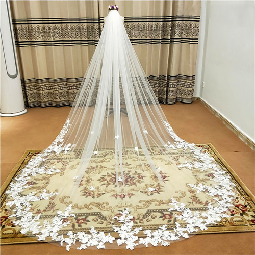 New white 3-meter wide wedding veil cathedral three-dimensional flower bridal headdress metal hair comb long veil