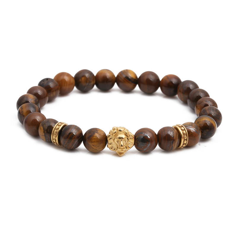 Fashion Stainless Steel Lion Head Bracelet Tiger&#39;s Eye Beaded Male Bracelet display picture 2