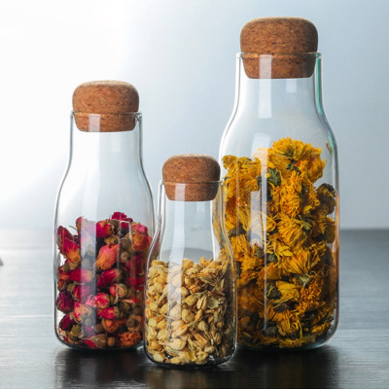 Vidrio de borosilicato de estilo japonés Tarro de té de corcho Botella de almacenamiento doméstica Frasco de almacenamiento de granos de frutas secas Gran cantidad Congyo