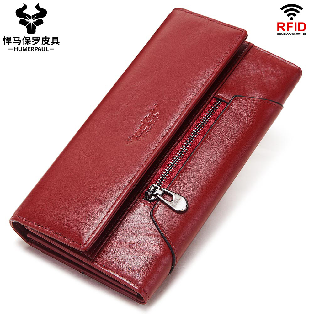 Cross border genuine leather women's wallet long cowhide clutch multi-card slot coin bag RFID anti-magnetic lady's mobile phone bag