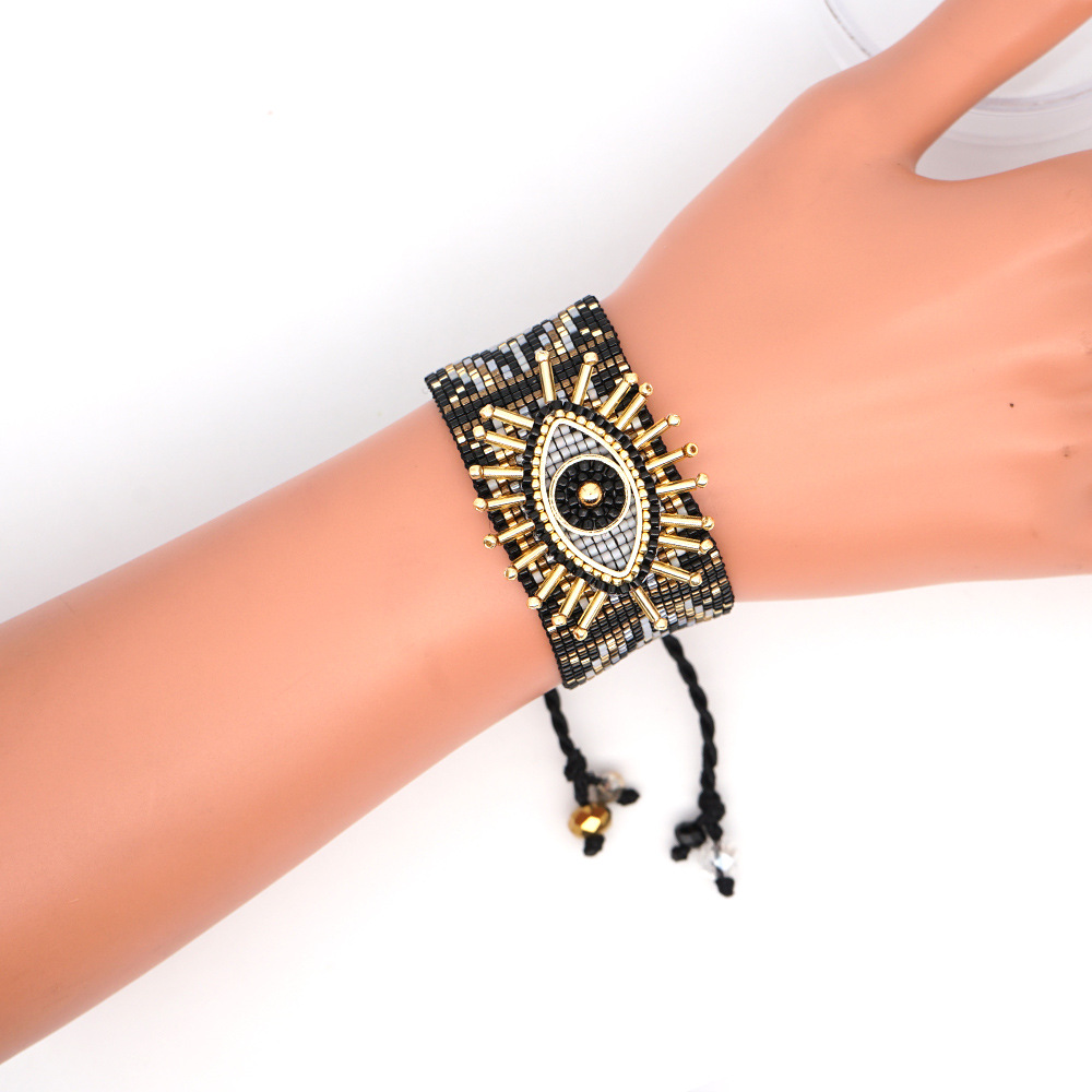 12g Weight No Inlaid Inlay Material Bracelets Classification Anniversary, Business, Travel Occasion Eye Pattern Unisex Gender Knitting Design Fashion Style European And American New Miyuki Rice Beads Hand-woven Turkish Devil Eyes Personality Stacking Wide Bracelet 无