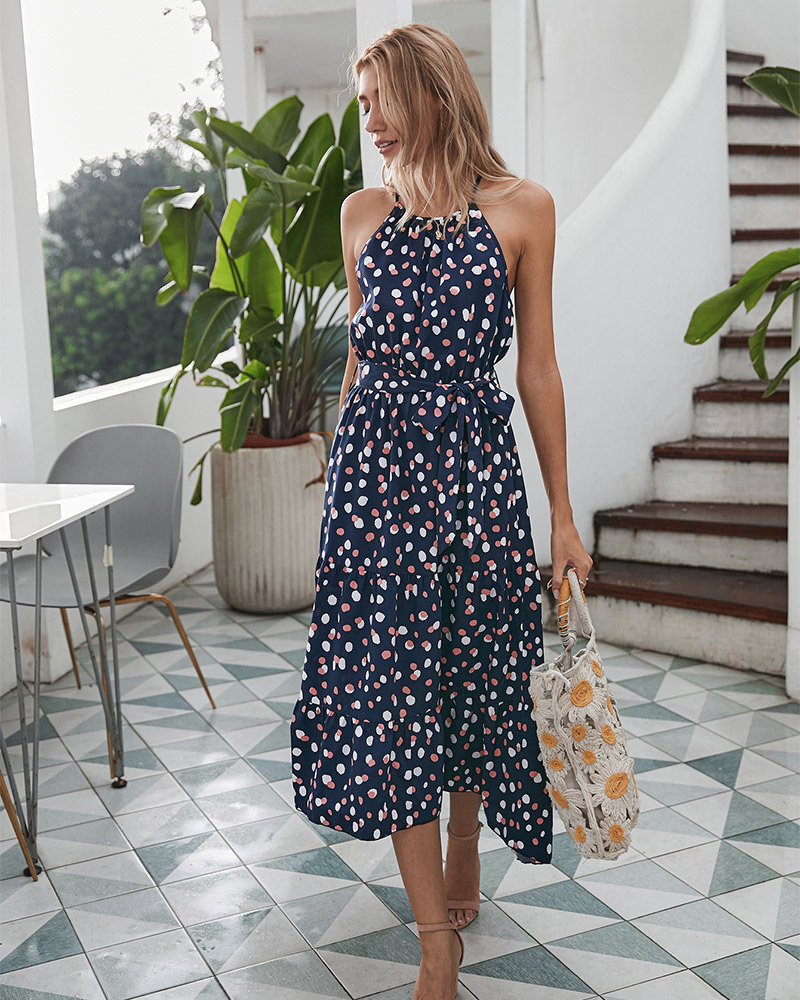 Summer Polka Dot Vacation Style Large Swing Dress in Dresses